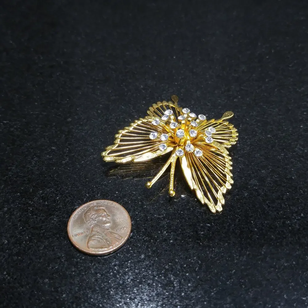 Vintage Monet Gold Tone Wire Butterfly Brooch, Clear Rhinestones Center